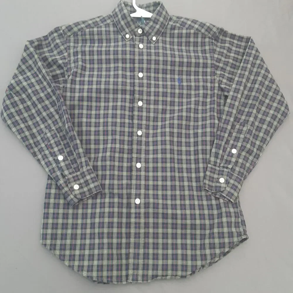 RALPH LAUREN Boys Cotton Green Blue Plaid Button Down Shirt Youth M (10/12)